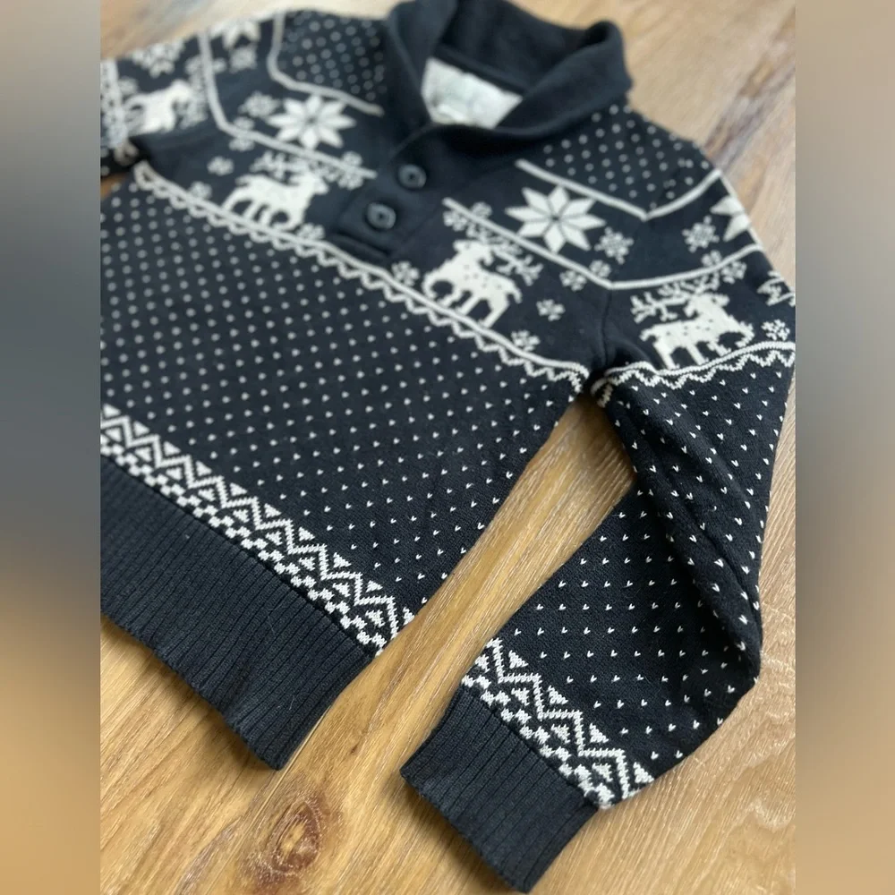 Peek Kids Fair Isle Reindeer Shawl Collar Sweater Black & Cream Medium 6–7 Years